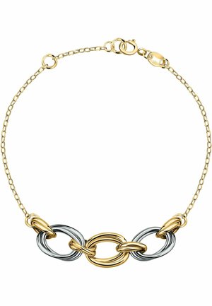Armband aus Gold- und Silbermetallkette mit miteinander verbundenen ovalen Gliedern, einer strukturierten Oberfläche und einem Karabinerverschluss für sicheren Halt.