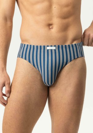Männlicher Torso trägt blau-weiß vertikal gestreifte Slips, hält den Bund mit einer Hand, neutraler Hintergrund.