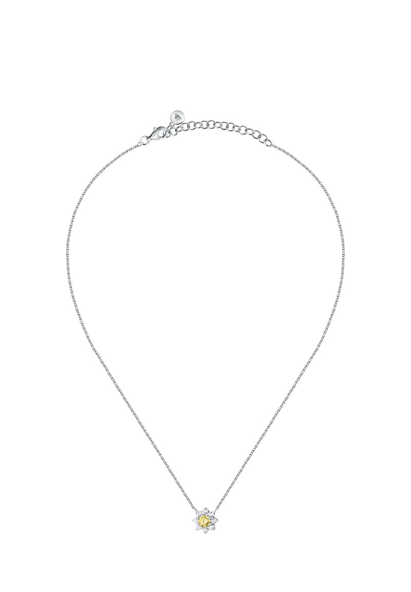 Collana in argento con pendente a forma di fiore, dotato di una pietra centrale gialla circondata da piccole pietre trasparenti. Lunghezza regolabile.