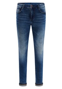 Blå denimjeans i en figursydd passform, med ljusa bleknade effekter, fem fickor och uppvikta fållar. Har en metallknapp och kontrasterande sömmar.