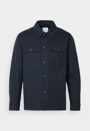 Dunkelblauses Hemd mit Knöpfen, aus einer Baumwollmischung gefertigt, mit zwei Brusttaschen und klassischem Kragendesign.