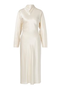 Satin drēbes krēmkrāsā ar garām piedurknēm, augstu apkakli un plašu A-līnijas siluetu. Gluda tekstūra ar minimālistisku dizainu.
