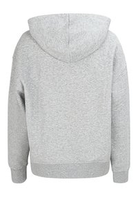 Szara hoodie z kapturem, wykonana z teksturowanej mieszanki bawełny, charakteryzująca się luźnym krojem, ściągaczami oraz gładkim plecakiem bez zdobień.
