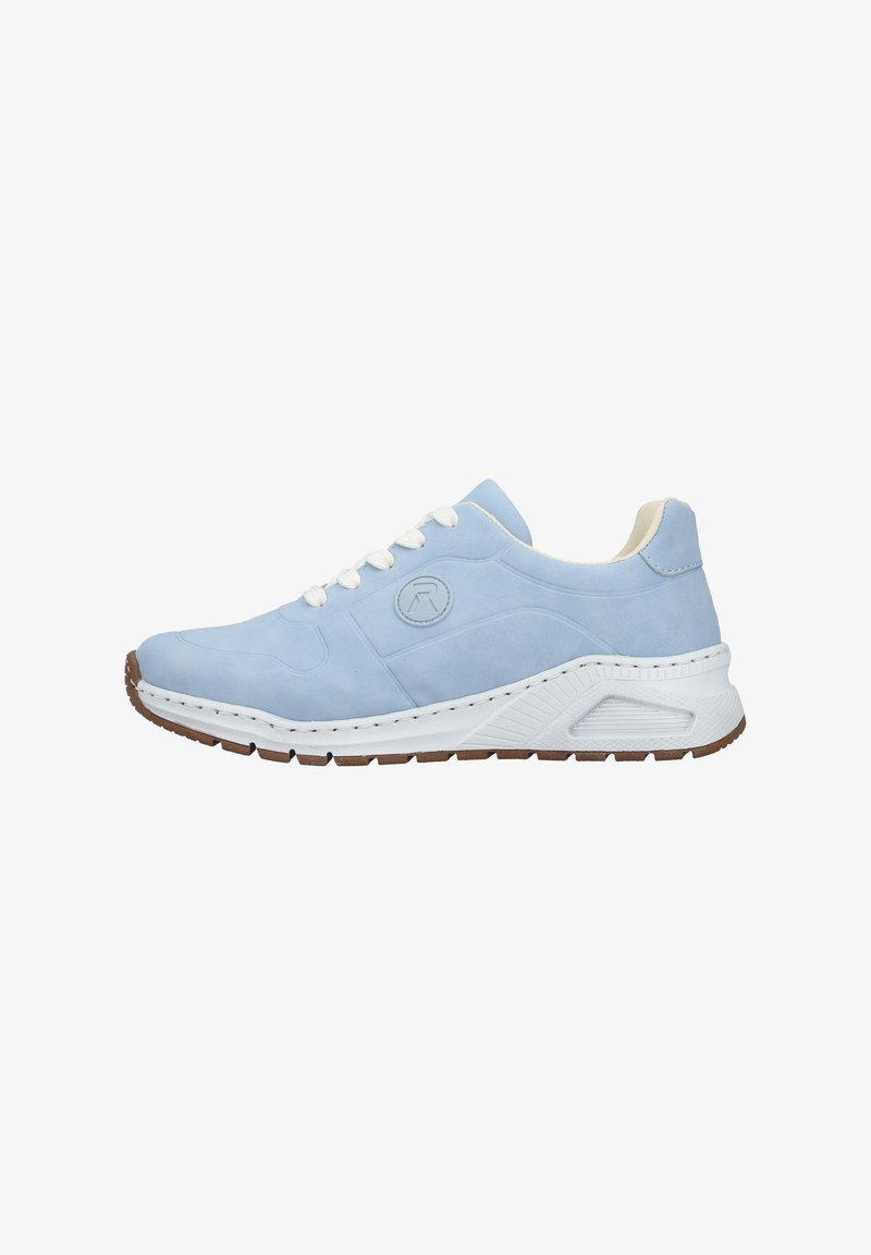 Light blue leather sneaker with white laces, a round logo on the side, and a textured white sole. Features a cushioned collar and sturdy outline.