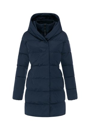 Giacca puffer blu navy con cappuccio ampio, design trapuntato e zip frontale. Presenta un colletto interno a coste e maniche lunghe.