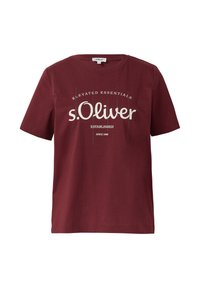 T-shirt à manches courtes bordeaux en coton, avec un col rond et un imprimé texte graphique en blanc. Coupe décontractée et texture lisse.