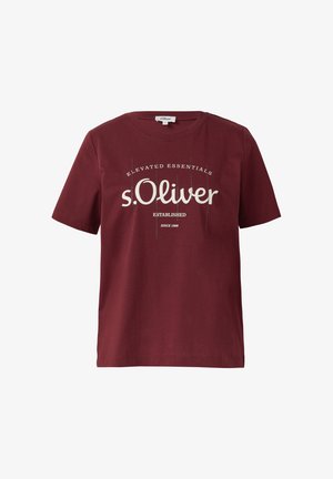 T-shirt à manches courtes bordeaux en coton, avec un col rond et un imprimé texte graphique en blanc. Coupe décontractée et texture lisse.