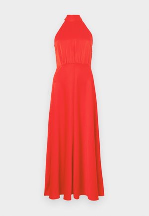 Red halter neck dress with a fitted bodice and flowing skirt. Smooth fabric with a slight sheen, featuring a cinched waist and ankle-length design.