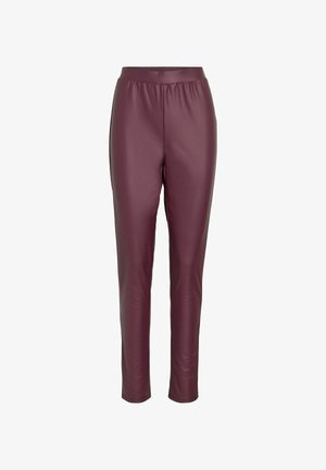 Leggings en simili cuir bordeaux avec une taille élastique, design ajusté, texture lisse et longueur cheville.