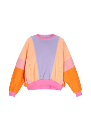 Sweatshirt coloré avec des panneaux violets, orange, roses et pêche. Manches longues avec des poignets côtelés et un ourlet froncé. Texture de tissu douce.
