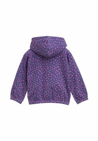 Felpa con cappuccio viola con polsini elasticizzati, caratterizzata da un motivo a cuori rosa, texture liscia e una tasca a marsupio.