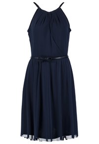 Vestido sin mangas de color azul marino con un corpiño plisado, una cintura ajustada acentuada por un cinturón negro y una falda fluida que cae justo por encima de las rodillas.