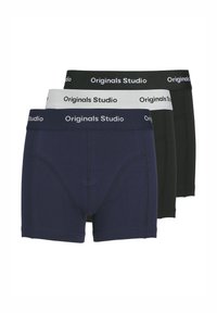 Trīs bokseršortu komplekts tumši zilā, melnā un pelēkā krāsā. Iespējami elastīgi jostas ar baltu uzrakstu "Originals Studio". Mīksta auduma.