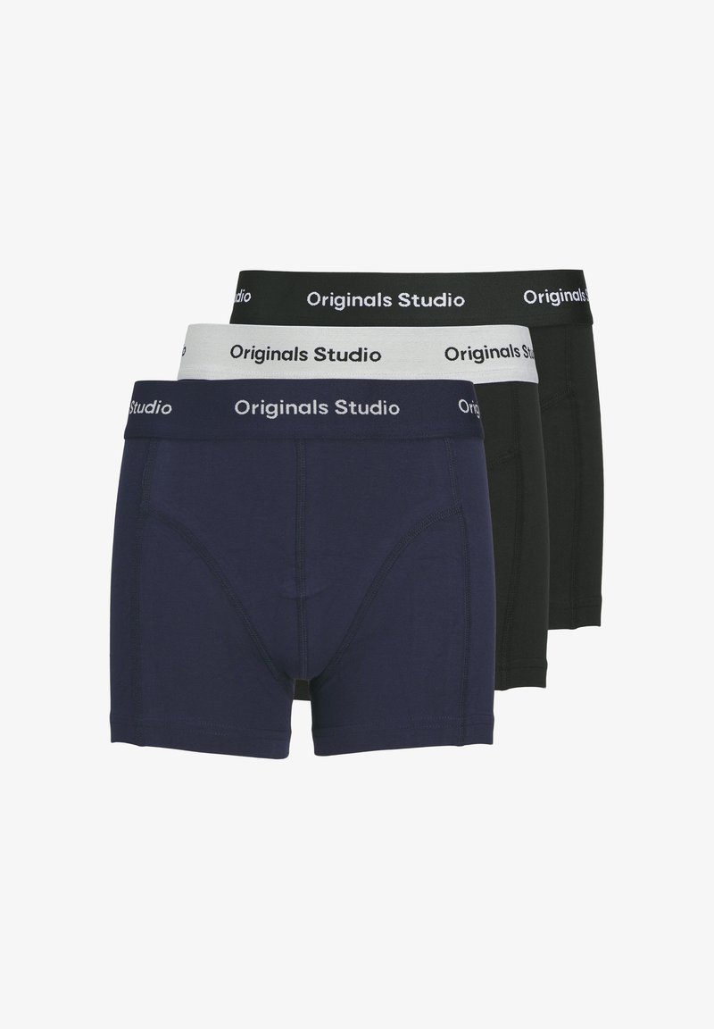 Ensemble de trois boxers en bleu marine, noir et gris. Avec des ceintures élastiques portant l'inscription "Originals Studio" en blanc. Tissu doux.
