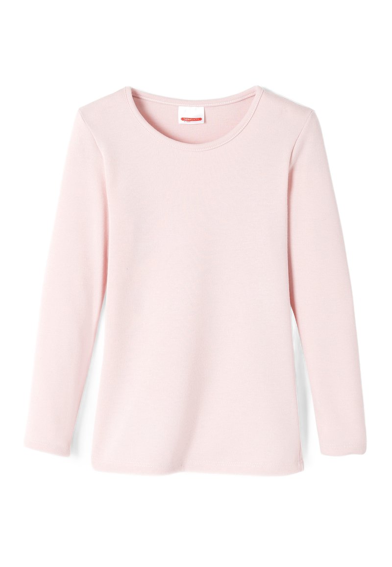 T-shirt à manches longues de couleur rose clair, fabriqué en tissu doux. Il présente un col rond et un design simple, sans embellissement, adapté pour le superposition.