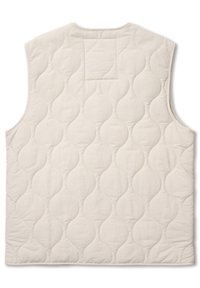 Quilted vest in light beige, featuring a geometric pattern of rounded shapes, sleeveless design, and a square patch at the back.