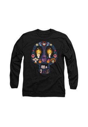 Long-sleeve black t-shirt featuring a colorful skull design with flowers, candles, and characters, printed on soft cotton fabric.