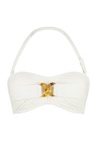 Witte bandeau bikini-top met textuurstof, ontwerp met gedraaide voorkant en een grote schildpadaccent in het midden. Inclusief verstelbare banden.