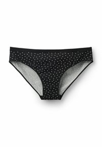 Černé bikini kalhotky s bílými puntíky, elastickým pasem a měkkou, mírně průhlednou tkaninou. Klasický střih s hladkými okraji.