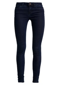 Mörkblå högmidjade skinny jeans med framknapp, dragkedja och femfickorsdesign, visade framifrån mot en vit bakgrund.