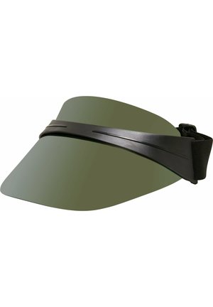 Black visor cap with a curved, green tinted visor and an adjustable strap for secure fit. The visor has a smooth, reflective surface.