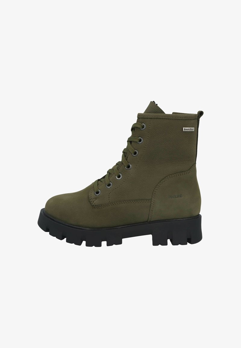 Olive green ankle boots with a textured leather upper, round toe, lace-up front, and a chunky black rubber sole featuring grooves.