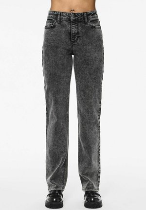 Jeans neri a vita alta con lavaggio sbiadito, dotati di design a cinque tasche, gamba dritta e dettagli di cucitura lungo le cuciture laterali.