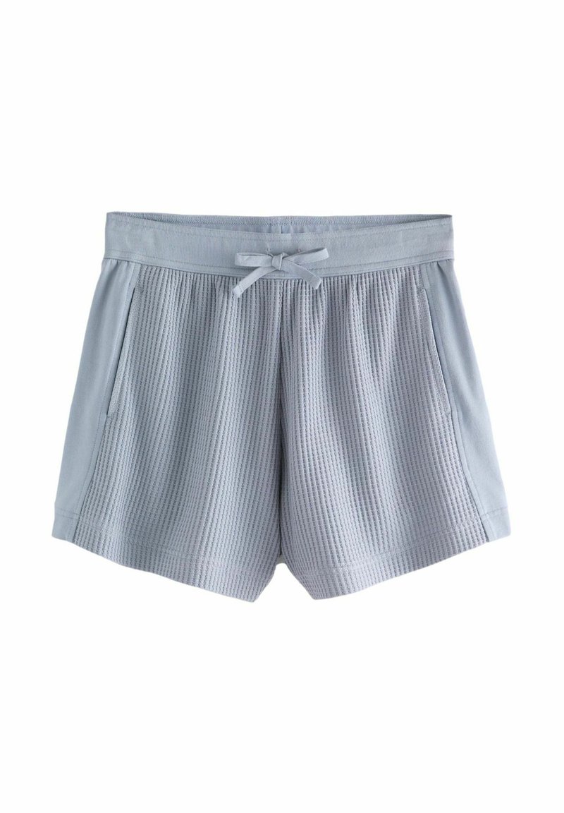 Vaaleanharmaat vohvelikuvioiset shortsit, joissa on joustava vyötärö, kiristettävä nauha ja sivutaskut.