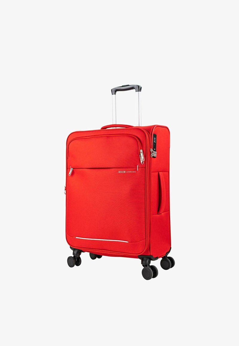 Maleta roja con superficie texturizada, asa retráctil, cuatro ruedas, bolsillo frontal con cremallera y cierre de combinación.