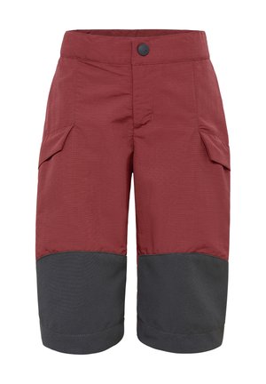 Rode knielange shorts met donkergrijze verstevigde kniestukken en zijsflaplzakken, voorzien van een knoopsluiting in de taille.