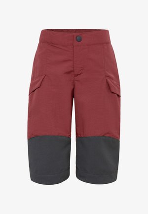 Rote kniehohe Shorts mit dunkelgrauen verstärkten Kniepolstern und seitlichen Klappentaschen, ausgestattet mit einem Knopfverschluss an der Taille.