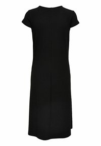 Robe noire côtelée à manches courtes, col rond, longueur genoux, avec une couture centrale au dos pour un détail supplémentaire. Texture douce.