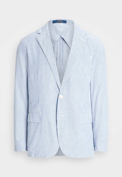 Blazer rayé bleu et blanc, avec un col à revers, fermeture à un bouton, deux poches avant et une texture lisse.