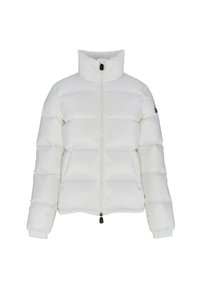 Witte pufferjack met hoge kraag, een rits aan de voorkant en geribbelde manchetten. Gequilt ontwerp met een lichte glans en logo-detail op de mouw.