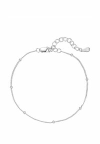 Silver chain bracelet with small round beads, featuring a lobster claw clasp and adjustable chain for sizing, smooth texture.