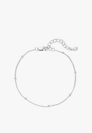 Bracelet en chaîne argentée avec de petites perles rondes, doté d'un fermoir en forme de homard et d'une chaîne ajustable pour le dimensionnement, texture lisse.