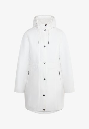 Weißer isolierter Parka mit Kapuze, ausgestattet mit schwarzen Druckknöpfen, Seitentaschen und einer verstellbaren Kordel am Hals.