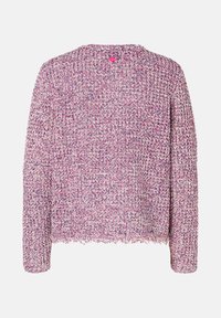 Gestickter Pullover in Rosa- und Violetttönen, mit Rundhalsausschnitt, lockerer Passform und Fransensaum. Texturiert mit einem gemütlichen Aussehen.
