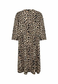 Leopardmönstrad klänning i beige och svart, tillverkad av mjukt tyg, med avslappnad passform och knälång design med korta ärmar.