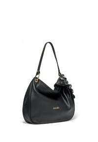 Borsa a tracolla in pelle nera con silhouette curvata, decorazioni floreali su un lato, dettagli in oro e una sola tracolla.