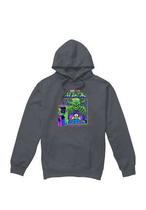 Dark gray hoodie with colorful graphic showing a person playing arcade game titled "Anxiety Attack" and a large green monster looming over.