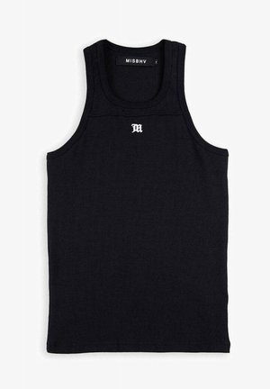 Black tank top made of smooth fabric. Features ribbed texture, a round neckline, and a small white logo on the chest.