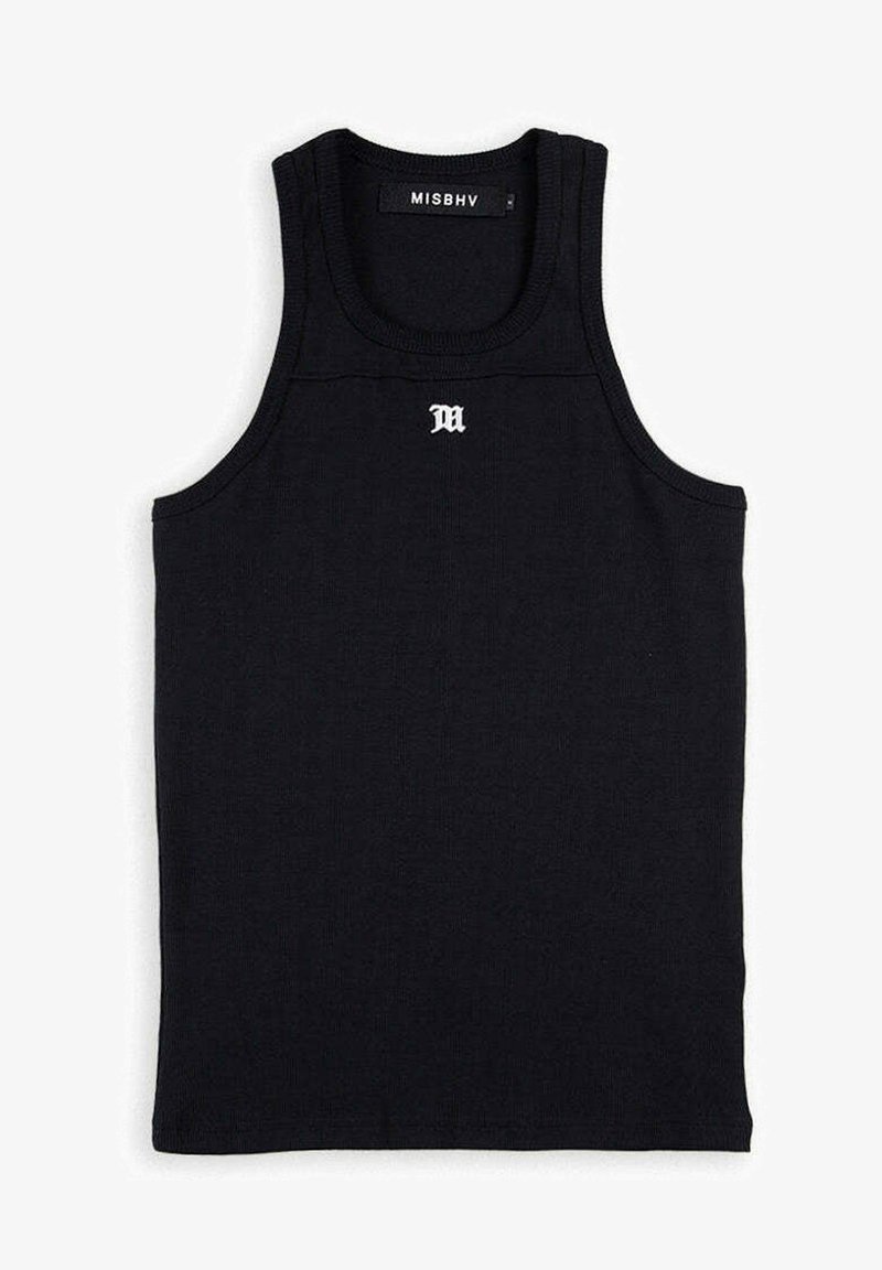 Black tank top made of smooth fabric. Features ribbed texture, a round neckline, and a small white logo on the chest.