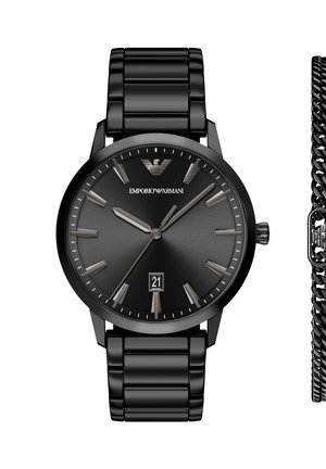 Schwarze Metall-Armbanduhr von Emporio Armani mit silbernen Stundenmarkierungen, Datumsanzeige auf sechs Uhr und passendem schwarzem Armband.