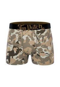 Boxer-briefs pour hommes au motif camouflage, comprenant des couleurs beige, marron et crème, avec une ceinture noire embossée du logo "Von Dutch" en doré.