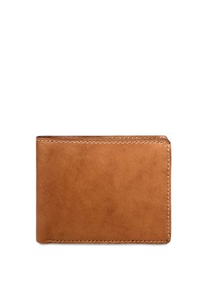 Brown leather bifold wallet with visible stitching around the edges on a white background.