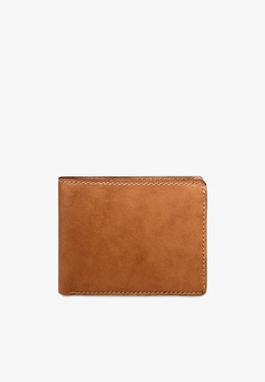 Brown leather bifold wallet with visible stitching around the edges on a white background.