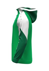 Felpa con zip verde e bianca, dotata di tasca frontale, caratterizzata da un corpo verde grande e accenti bianchi. I dettagli con bottoni sulla spalla migliorano il design.