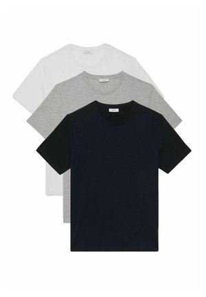 Drei T-Shirts: weiß, grau und marineblau. Kurze Ärmel, runde Ausschnitte, aus weicher Baumwolle. Einfaches Design ohne Muster oder Akzente.