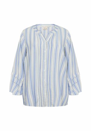 Blue and white striped blouse featuring a V-neckline, button front, and three-quarter sleeves with gathered cuffs. Lightweight fabric.